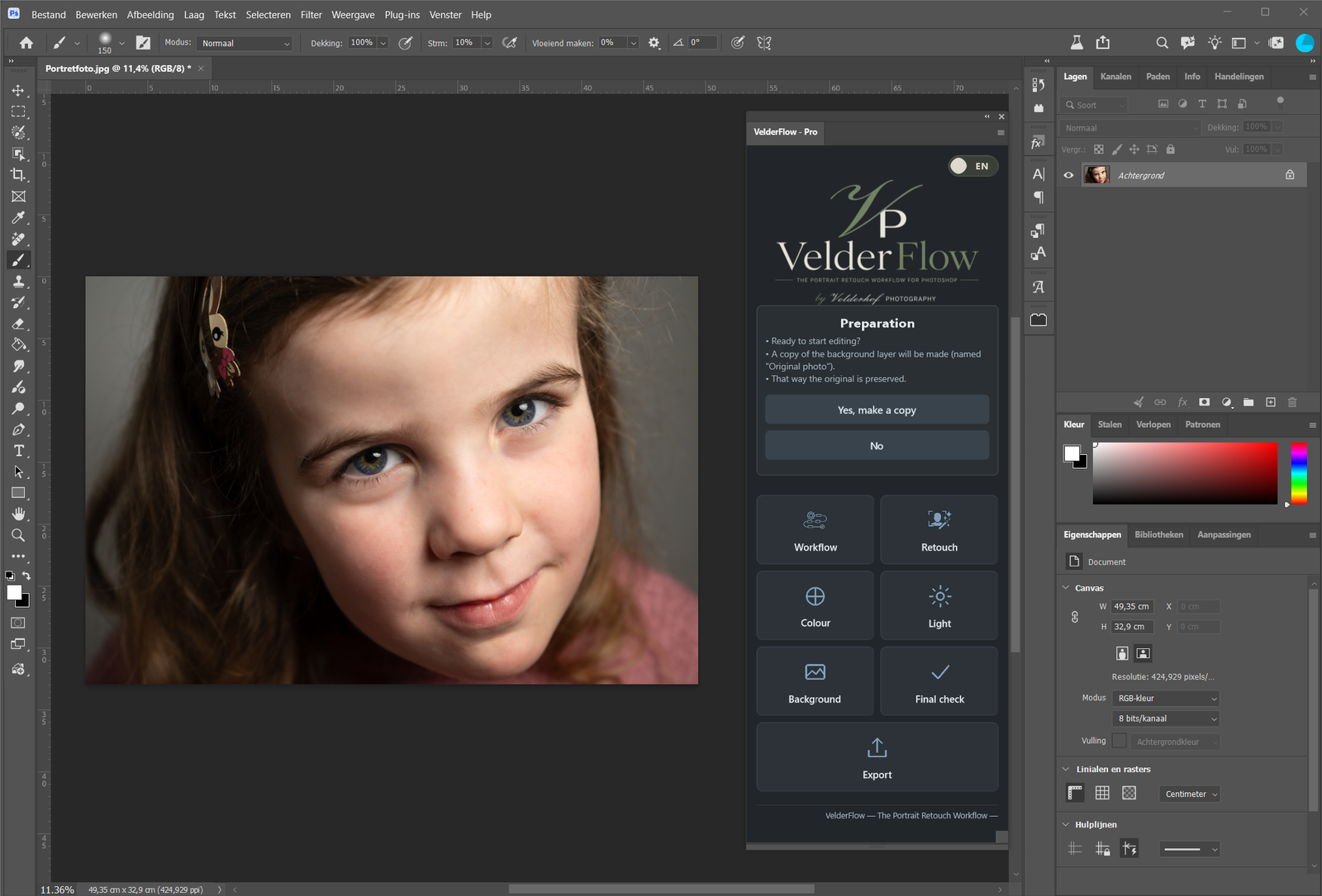The VelderFlow panel beside a portrait in Photoshop